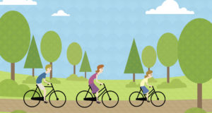 geometrisk billede af familie, der cykler i naturen