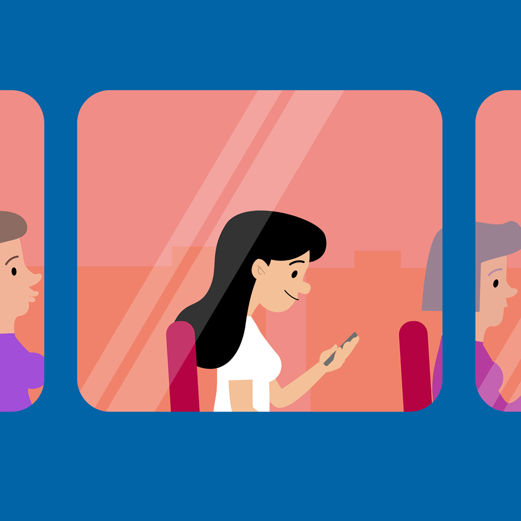 tegning af kvinder, der kigger på sin telefon i en bus